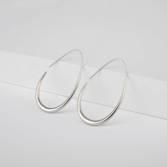 Sliver Lightweight Teardrop Large Oval Pull Through Hoop Earrings for Women - Picture 3 of 6